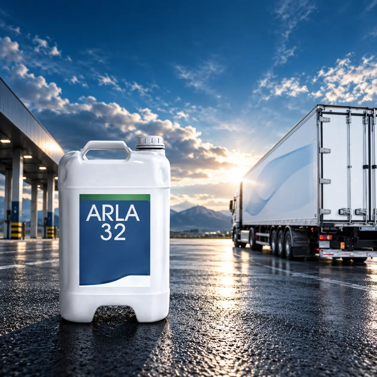 Galão de ARLA 32 ao lado de caminhão em área industrial